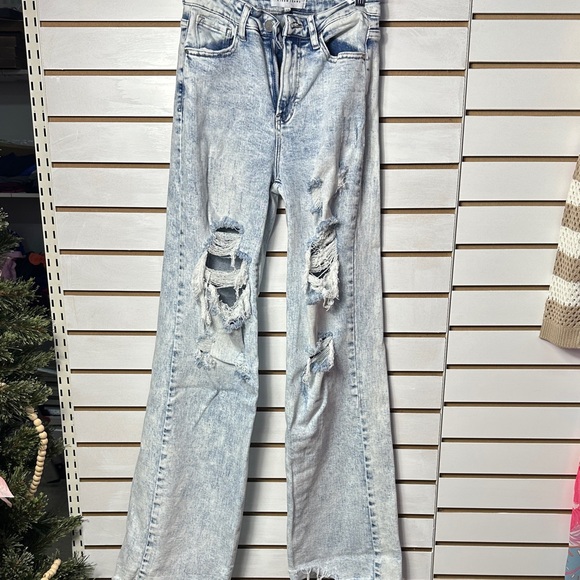 Risen Distressed Light Blue Flare Jeans - Picture 1 of 8